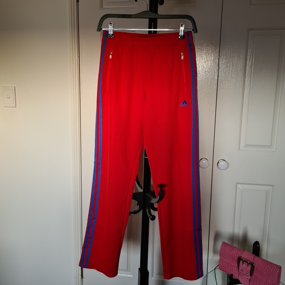 ADIDAS CLIMALITE Jogging Pants Zipped Up Red Blue 3 Stripes Embroidered Logo - Picture 3 of 10